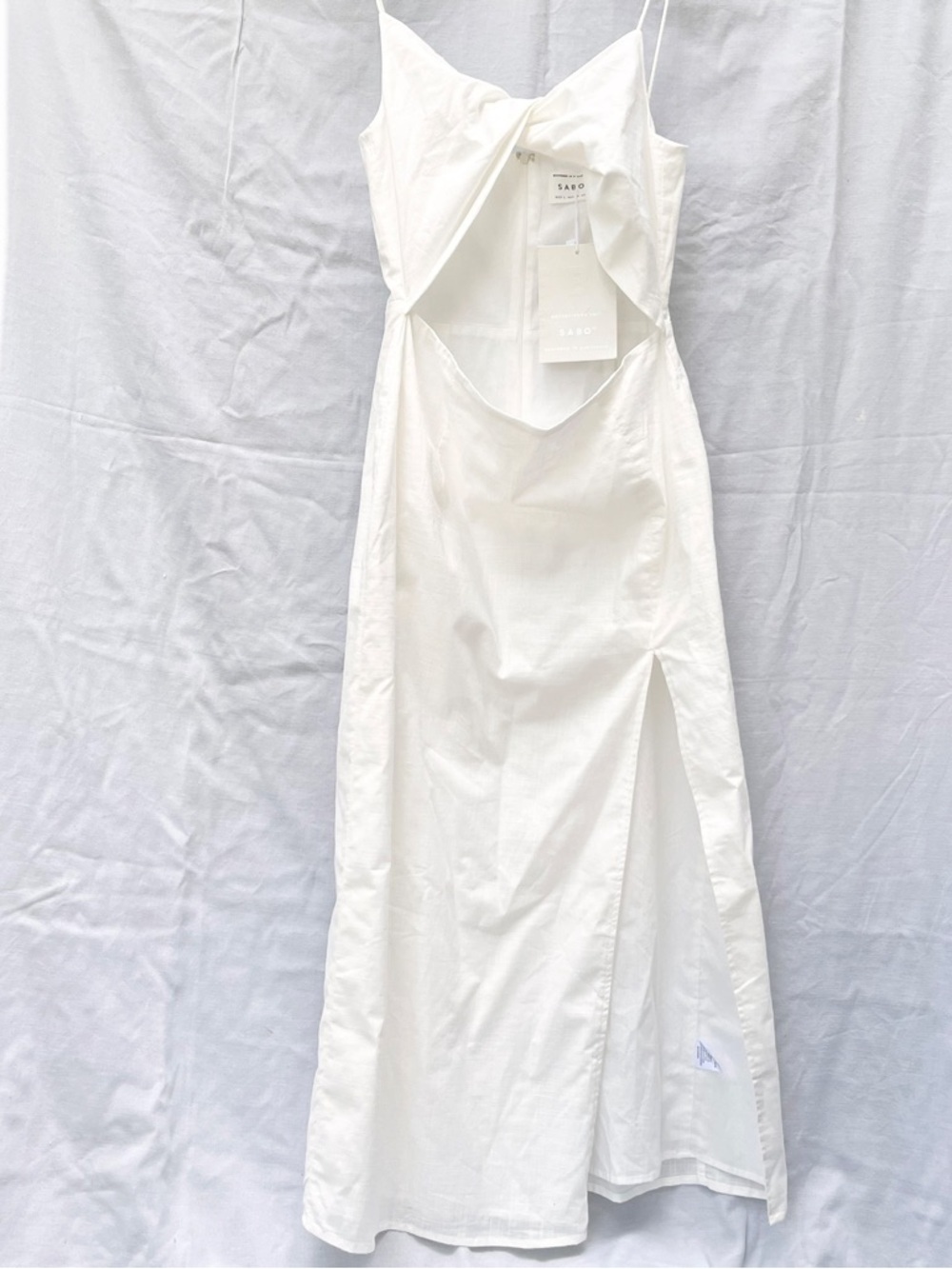 SABO | NWT CIRI CUTOUT MIDI DRESS LARGE IN WHITE OPEN SLIT LINED - Picture 7 of 12